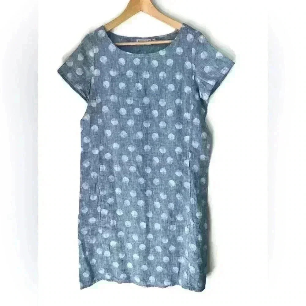 Habitat Blue Linen Polka Dot Shirt Dress Pockets Coastal Midi XS